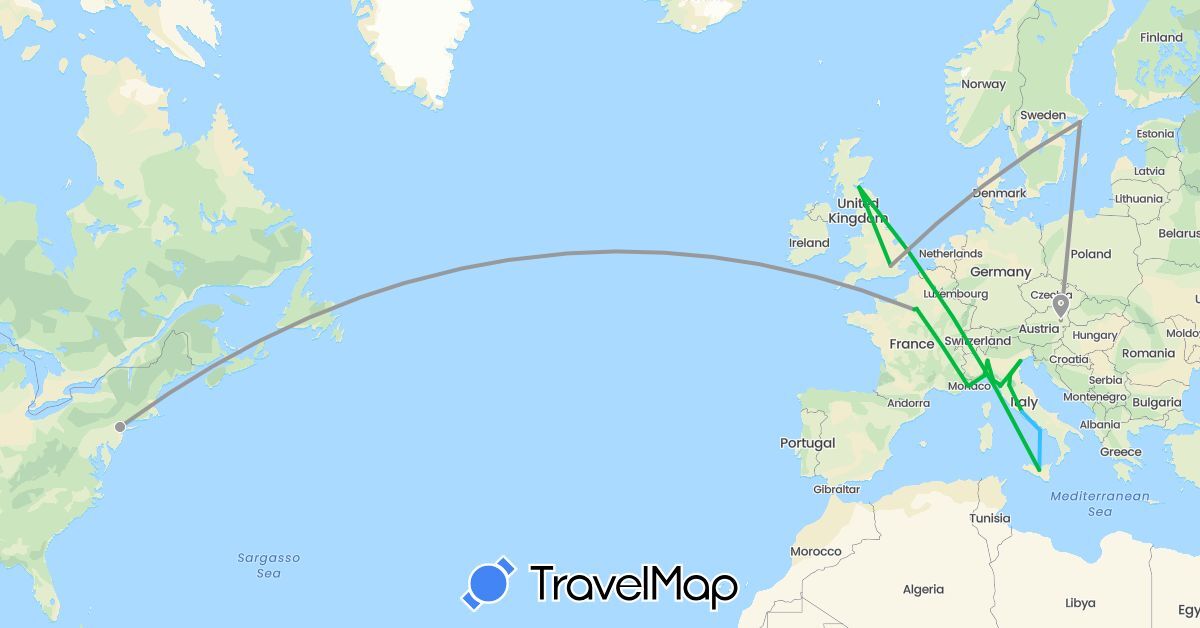 TravelMap itinerary: bus, plane, boat in Austria, France, United Kingdom, Italy, Sweden, United States (Europe, North America)